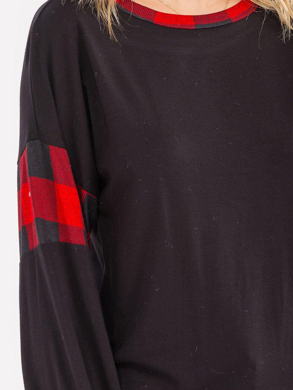 WOMEN'S LONG SLEEVE CONTRAST PLAID TOP
