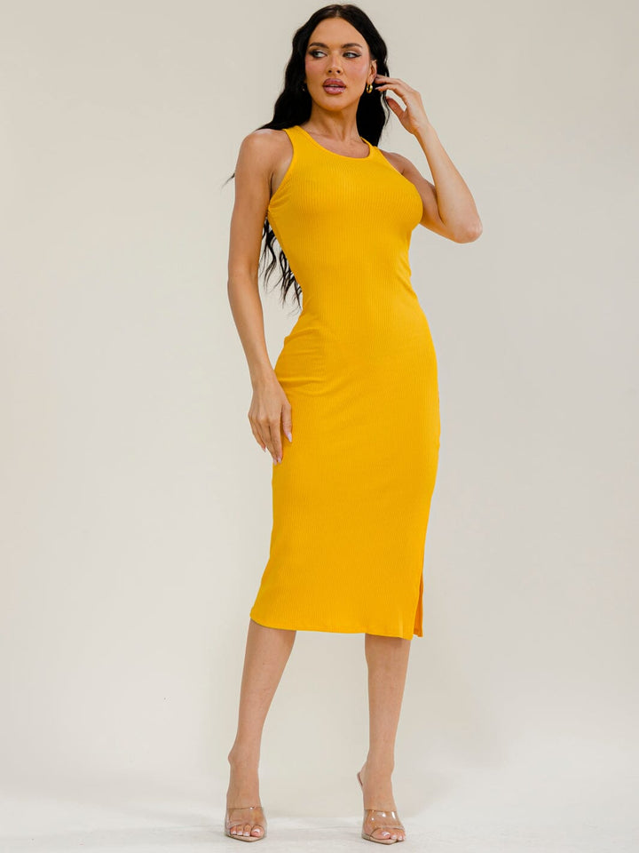 WOMEN'S SLEEVELESS SIDE SLIT RIBBED MIDI DRESS