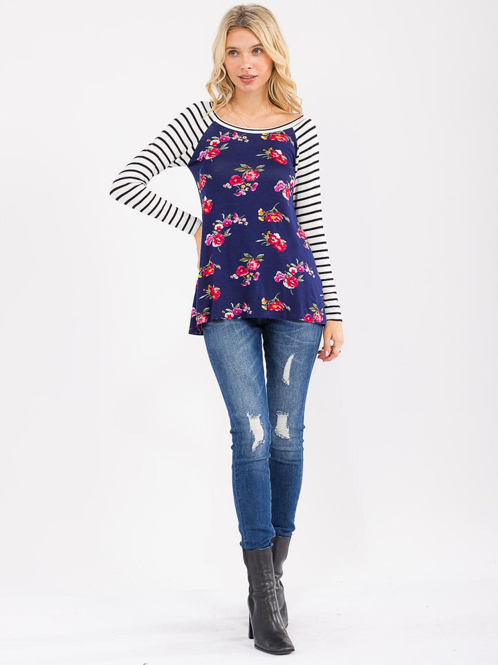 WOMEN'S 3/4 SLEEVE COLORBLOCK CONTRAST FLORAL STRIPES TOP
