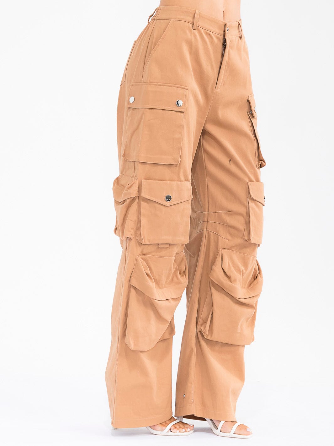 WOMEN'S BUTTON CLOSURE CARGO POCKETS WIDE LEG DENIM STRETCH PANTS