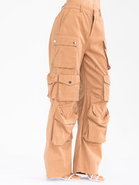 WOMEN'S BUTTON CLOSURE CARGO POCKETS WIDE LEG DENIM STRETCH PANTS