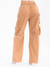 WOMEN'S BUTTON CLOSURE CARGO POCKETS WIDE LEG DENIM STRETCH PANTS
