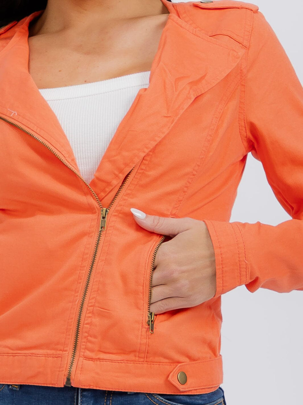 WOMEN'S LONG SLEEVE ZIPPER CLOSURE POCKETS DENIM JACKET