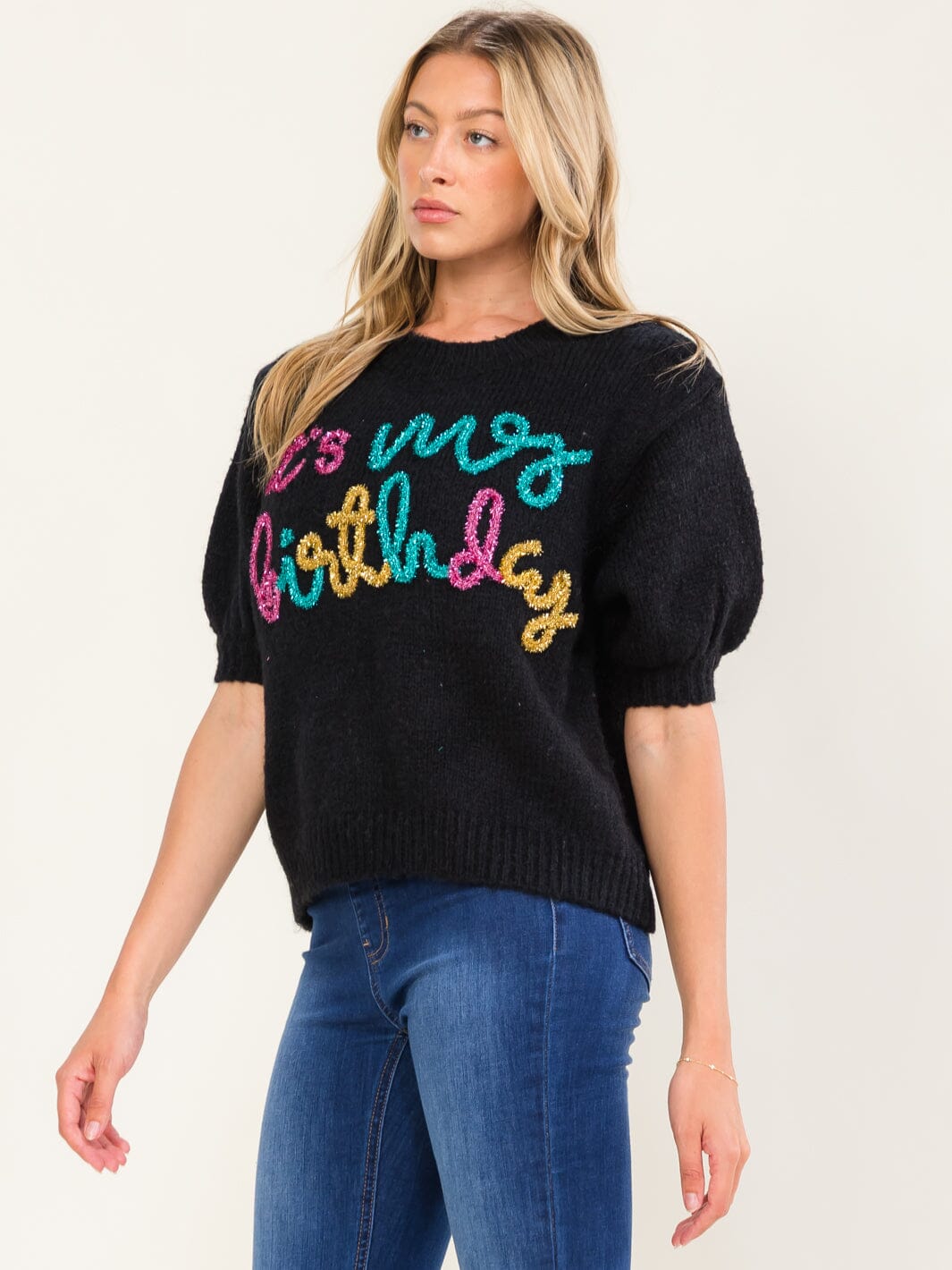 WOMEN'S SHORT SLEEVE IT'S MY BIRTHDAY SWEATER TOP