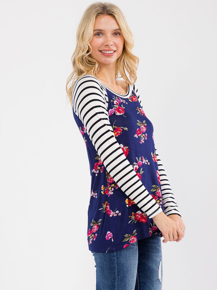 WOMEN'S 3/4 SLEEVE COLORBLOCK CONTRAST FLORAL STRIPES TOP