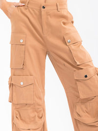 WOMEN'S BUTTON CLOSURE CARGO POCKETS WIDE LEG DENIM STRETCH PANTS