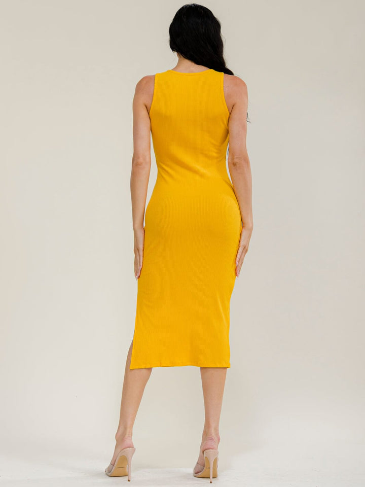 WOMEN'S SLEEVELESS SIDE SLIT RIBBED MIDI DRESS