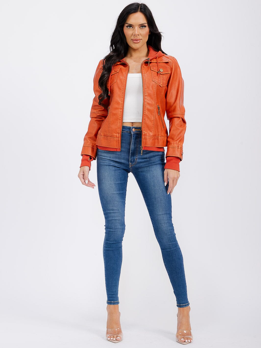 WOMEN'S LONG SLEEVE REMOVABLE HOODIE ZIPPER CLOSURE FRONT POCKETS PU PLEATHER JACKET