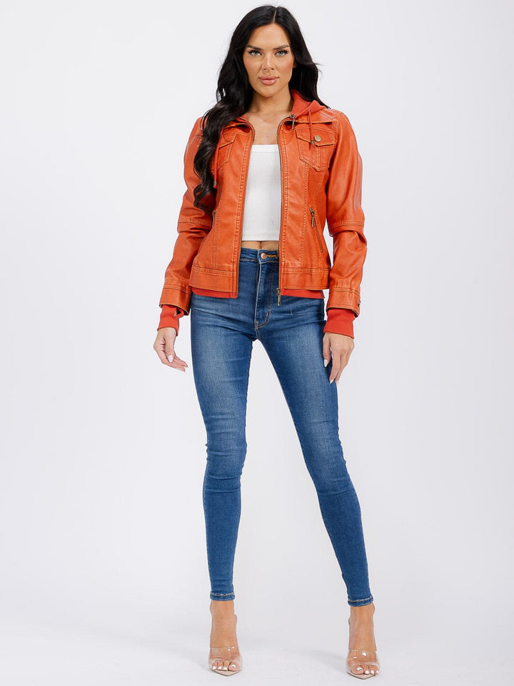 WOMEN'S LONG SLEEVE REMOVABLE HOODIE ZIPPER CLOSURE FRONT POCKETS PU PLEATHER JACKET