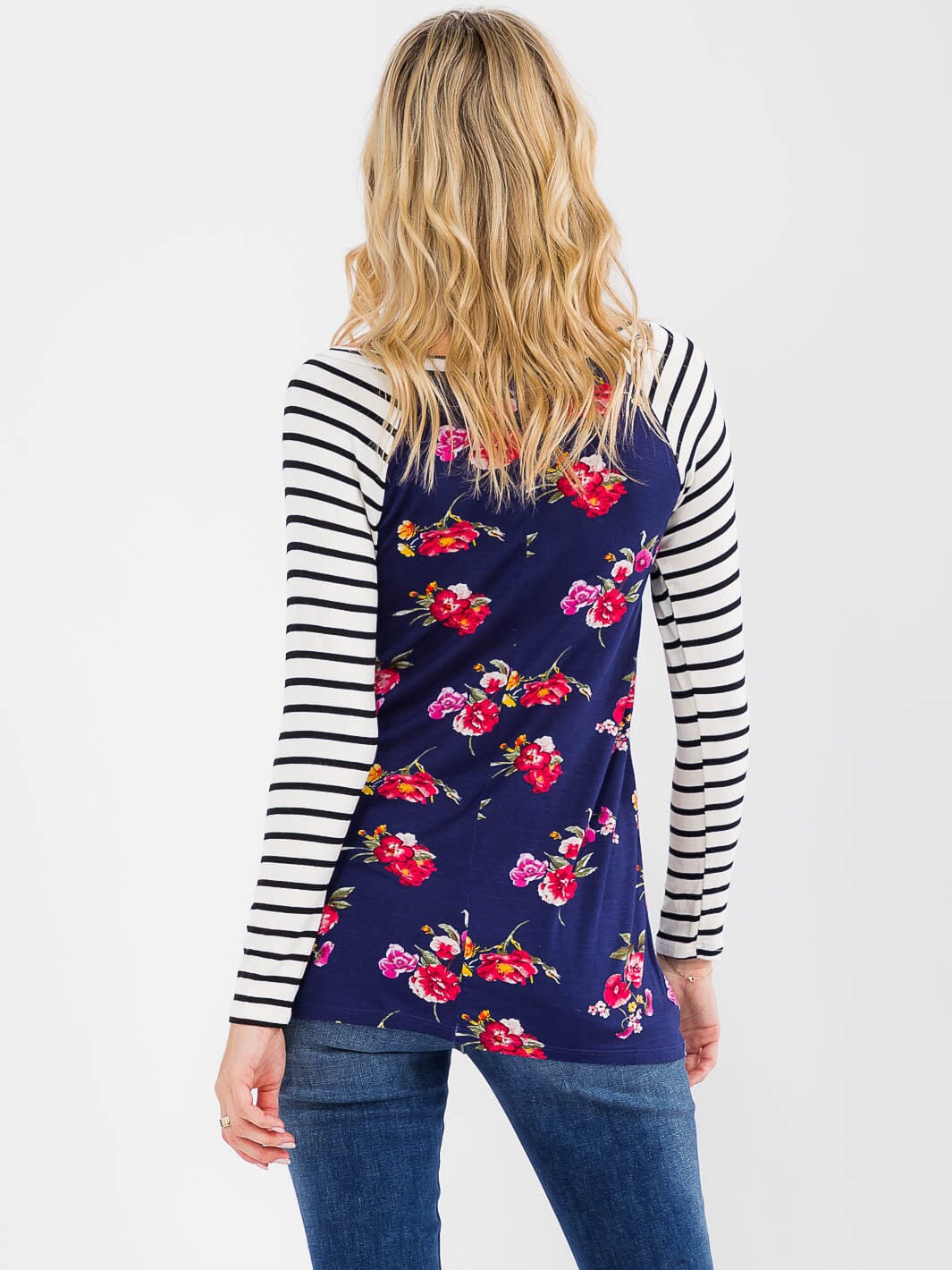 WOMEN'S 3/4 SLEEVE COLORBLOCK CONTRAST FLORAL STRIPES TOP
