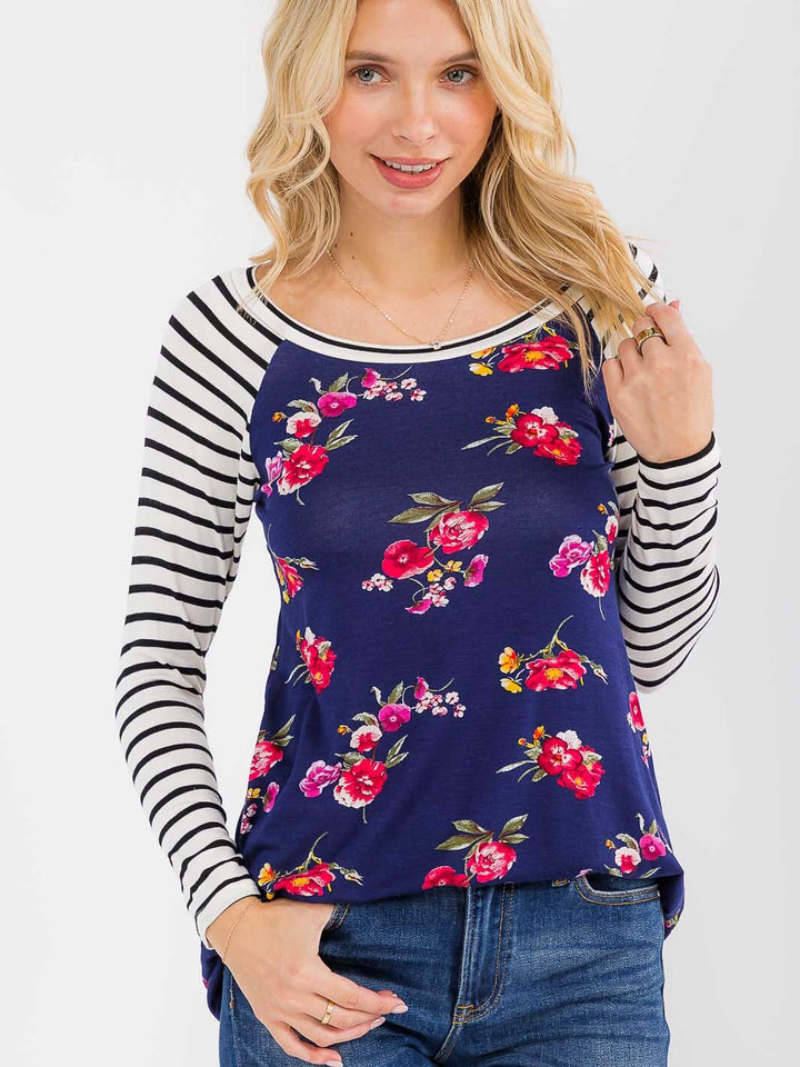 WOMEN'S 3/4 SLEEVE COLORBLOCK CONTRAST FLORAL STRIPES TOP