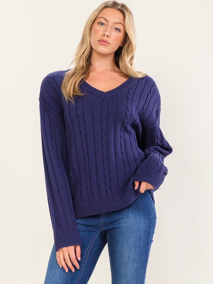 WOMEN'S LONG SLEEVE V-NECK CABLE KNIT PULLOVER SWEATER