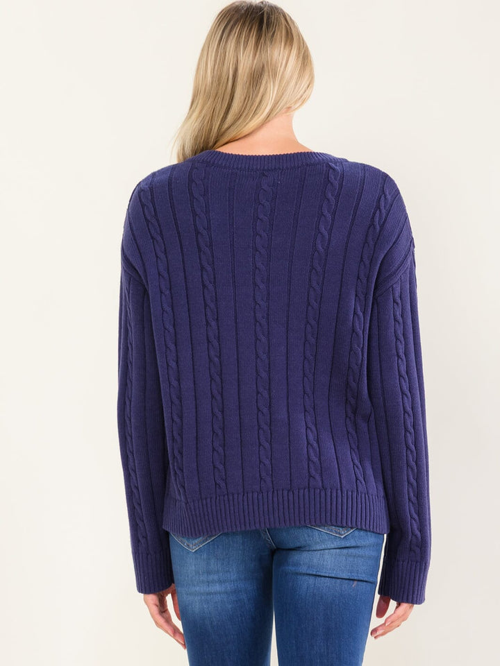 WOMEN'S LONG SLEEVE V-NECK CABLE KNIT PULLOVER SWEATER