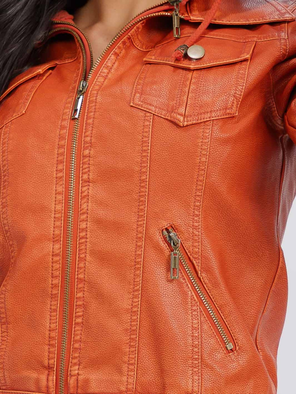 WOMEN'S LONG SLEEVE REMOVABLE HOODIE ZIPPER CLOSURE FRONT POCKETS PU PLEATHER JACKET