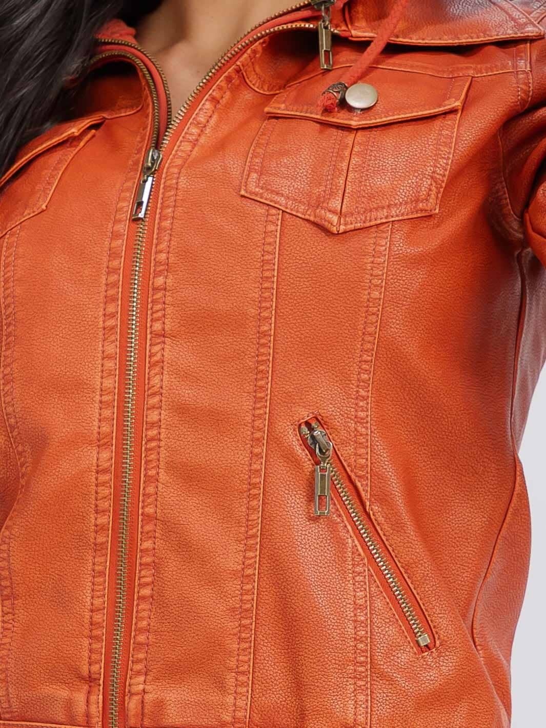 WOMEN'S LONG SLEEVE REMOVABLE HOODIE ZIPPER CLOSURE FRONT POCKETS PU PLEATHER JACKET