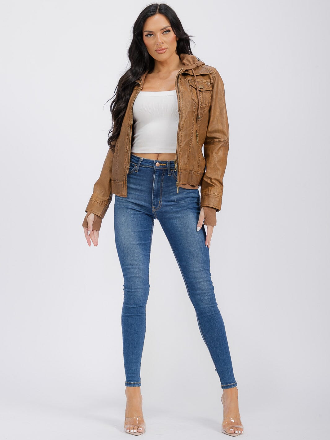 WOMEN'S LONG SLEEVE REMOVABLE HOODIE ZIPPER CLOSURE FRONT POCKETS PU PLEATHER JACKET