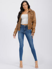 WOMEN'S LONG SLEEVE REMOVABLE HOODIE ZIPPER CLOSURE FRONT POCKETS PU PLEATHER JACKET