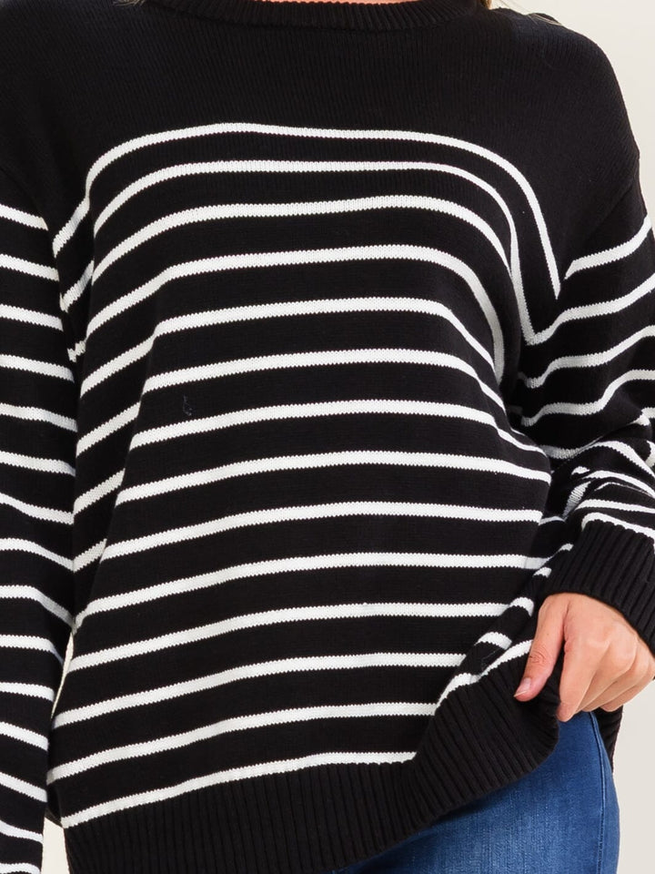 WOMEN'S LONG SLEEVE COLORBLOCK STRIPES PULLOVER SWEATER