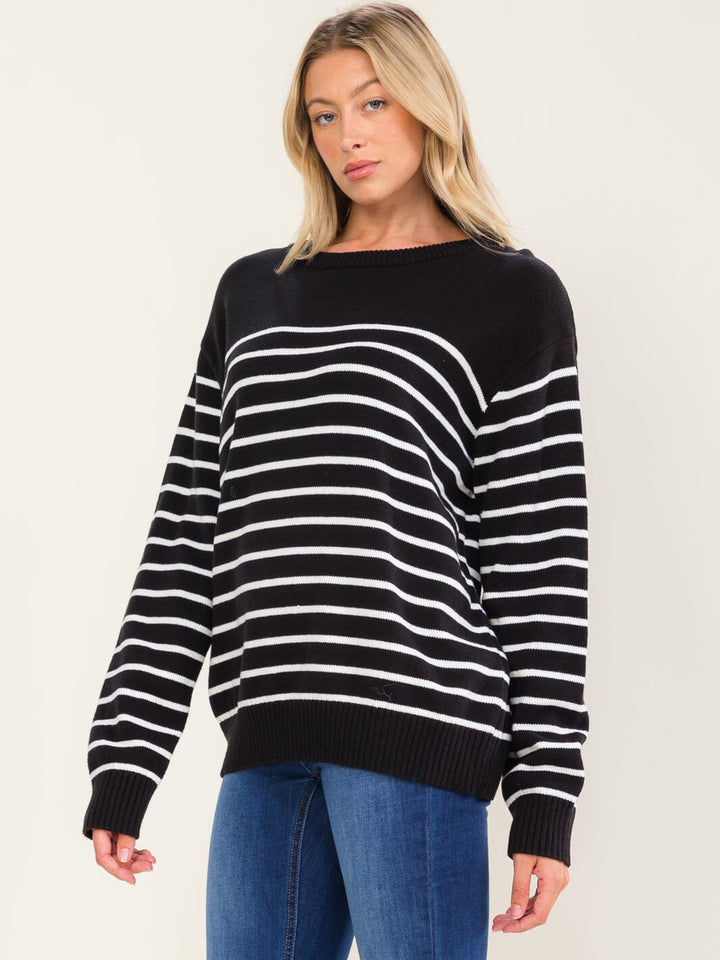 WOMEN'S LONG SLEEVE COLORBLOCK STRIPES PULLOVER SWEATER