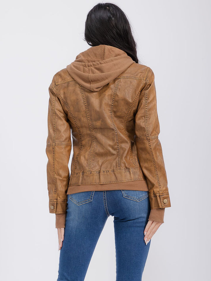 WOMEN'S LONG SLEEVE REMOVABLE HOODIE ZIPPER CLOSURE FRONT POCKETS PU PLEATHER JACKET