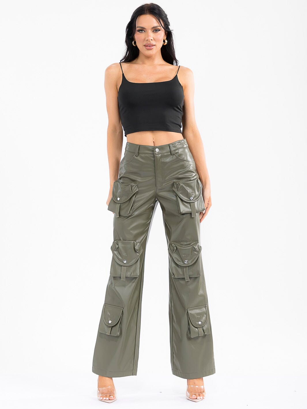 WOMEN'S BUTTON CLOSURE CARGO POCKETS WIDE LEG PU PLEATHER PANTS