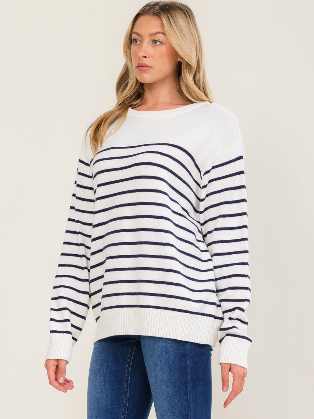 WOMEN'S LONG SLEEVE COLORBLOCK STRIPES PULLOVER SWEATER