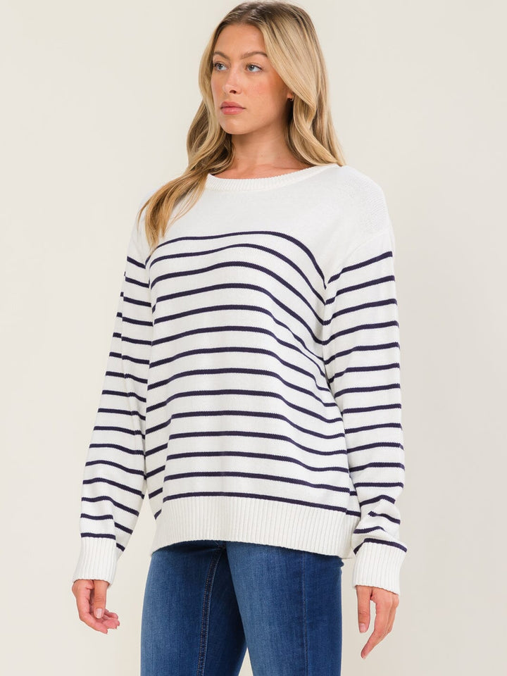 WOMEN'S LONG SLEEVE COLORBLOCK STRIPES PULLOVER SWEATER