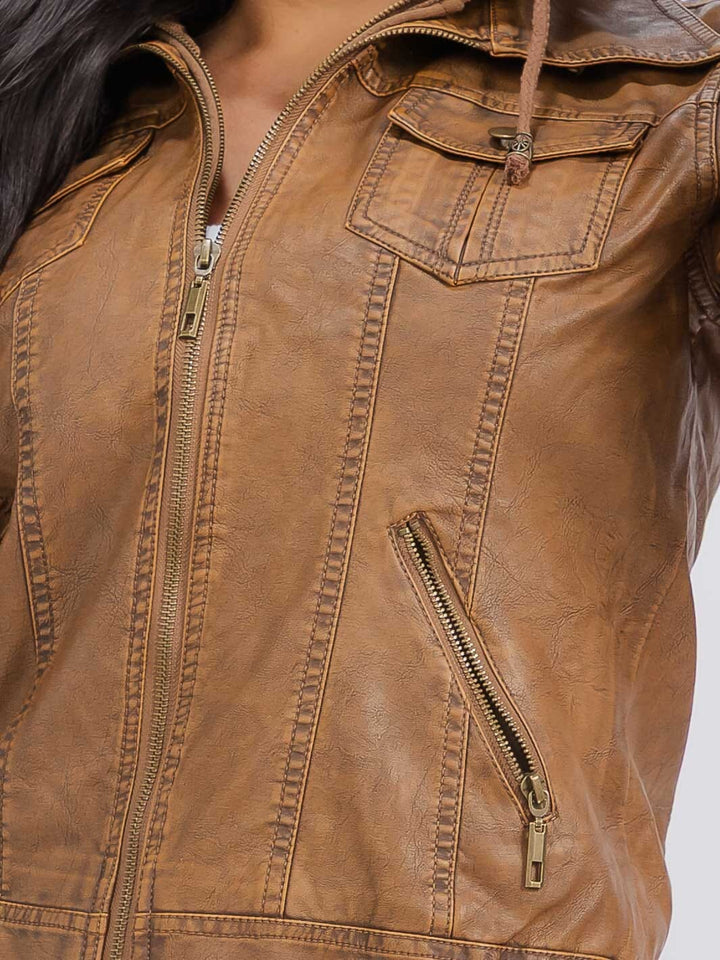 WOMEN'S LONG SLEEVE REMOVABLE HOODIE ZIPPER CLOSURE FRONT POCKETS PU PLEATHER JACKET