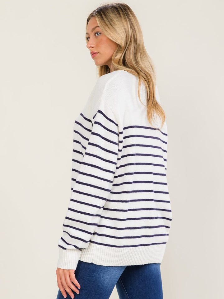 WOMEN'S LONG SLEEVE COLORBLOCK STRIPES PULLOVER SWEATER