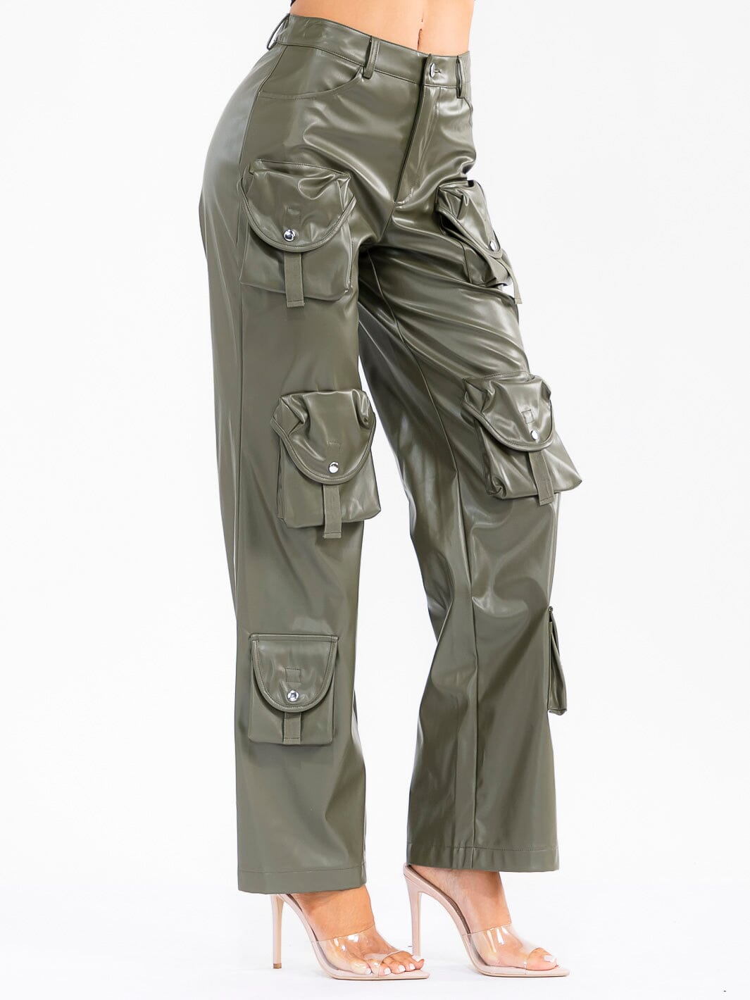WOMEN'S BUTTON CLOSURE CARGO POCKETS WIDE LEG PU PLEATHER PANTS