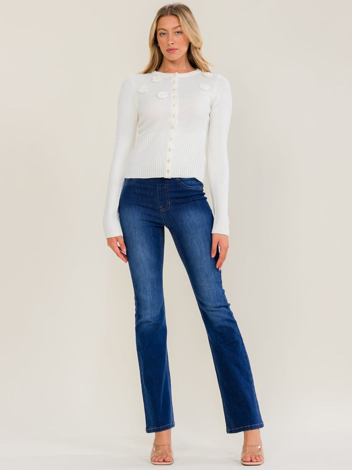 WOMEN'S LONG SLEEVE BUTTON UP CROCHET FLOWER SWEATER
