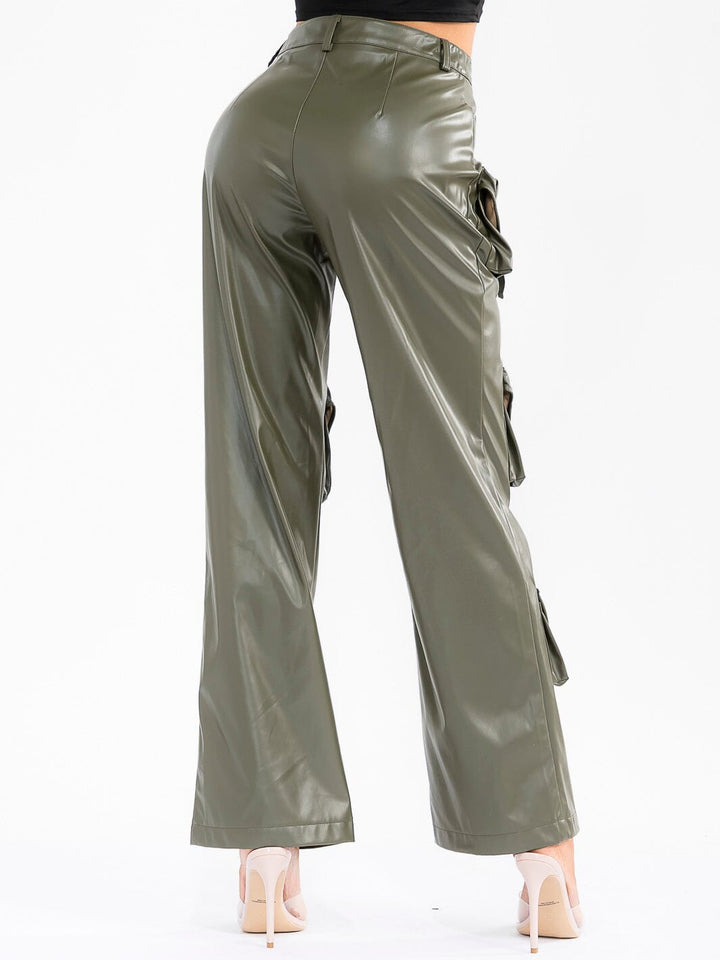 WOMEN'S BUTTON CLOSURE CARGO POCKETS WIDE LEG PU PLEATHER PANTS