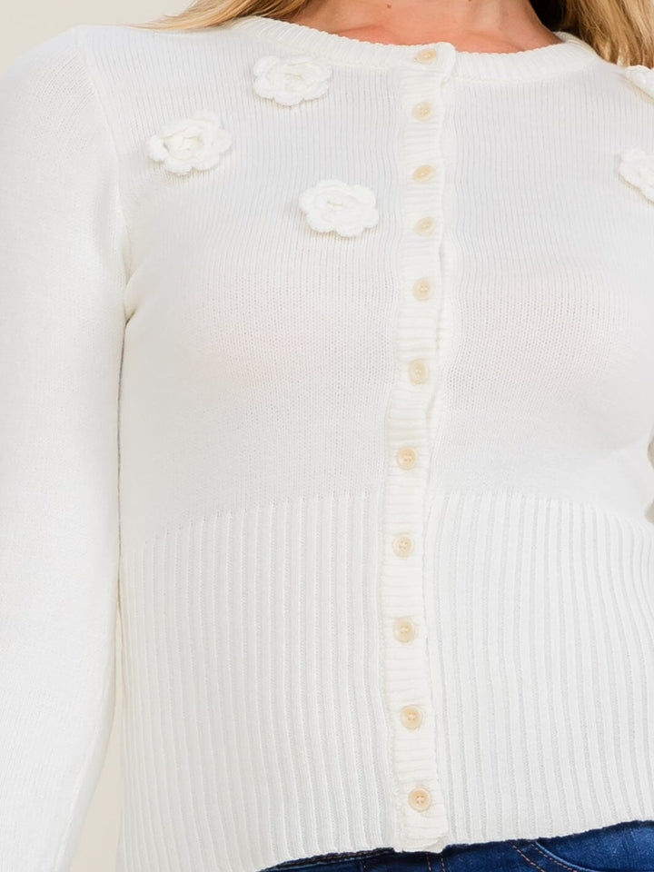 WOMEN'S LONG SLEEVE BUTTON UP CROCHET FLOWER SWEATER