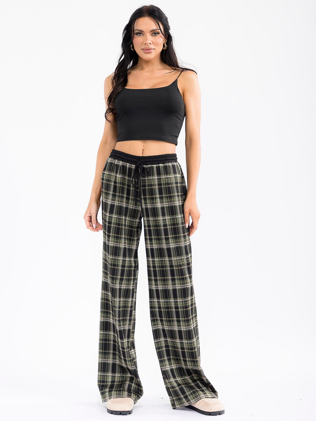 WOMEN'S ELASTIC WAIST SELF TIE POCKETS WIDE LEG PLAID PANTS