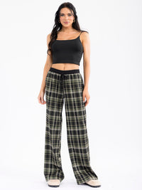 WOMEN'S ELASTIC WAIST SELF TIE POCKETS WIDE LEG PLAID PANTS