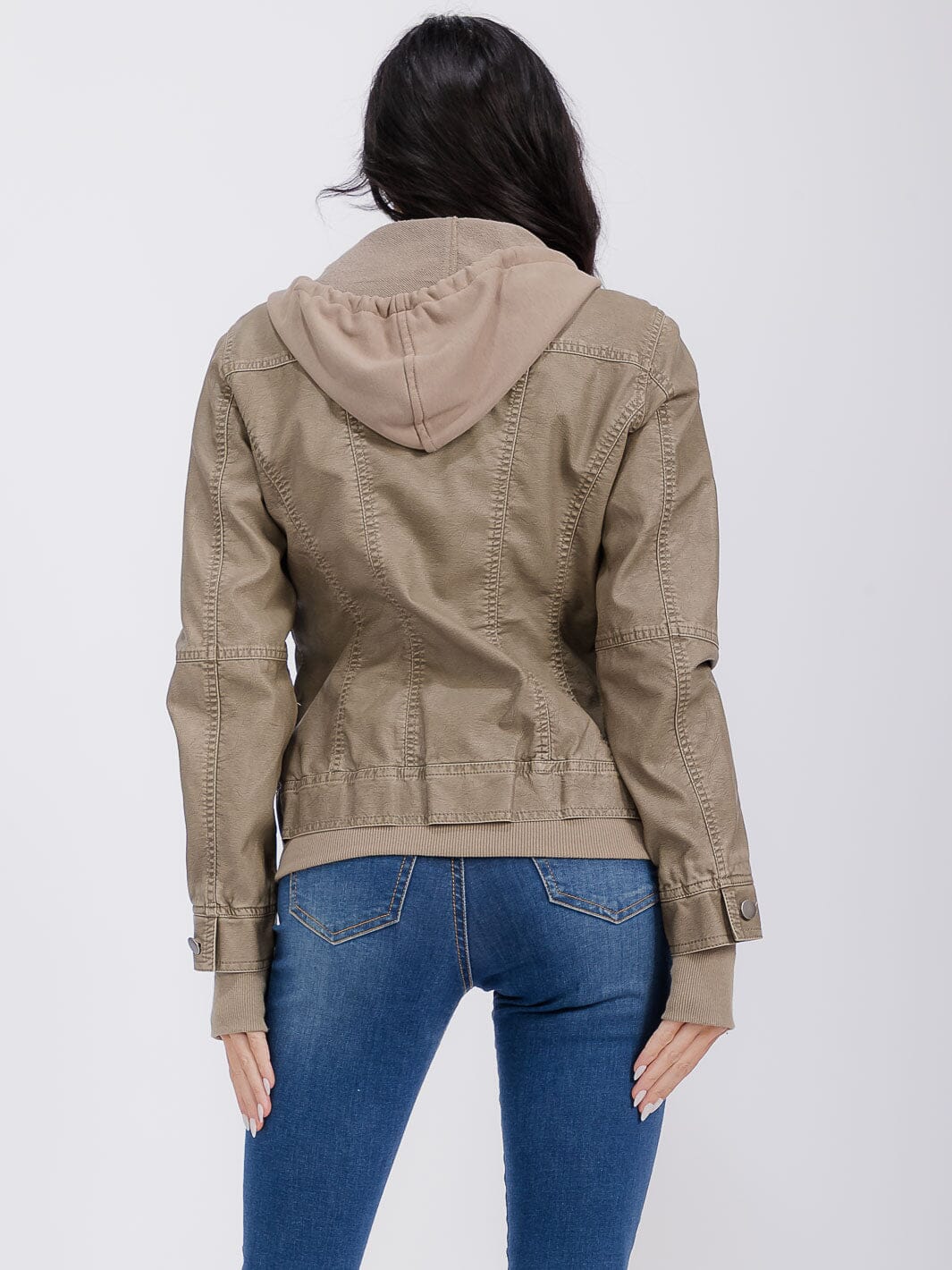 WOMEN'S LONG SLEEVE REMOVABLE HOODIE ZIPPER CLOSURE FRONT POCKETS PU PLEATHER JACKET