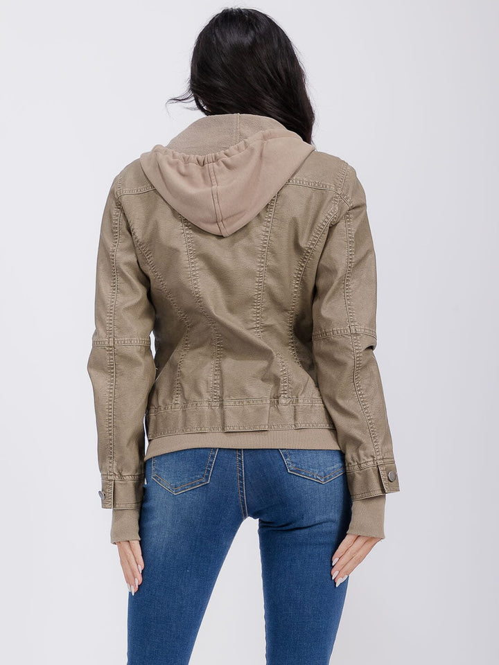 WOMEN'S LONG SLEEVE REMOVABLE HOODIE ZIPPER CLOSURE FRONT POCKETS PU PLEATHER JACKET