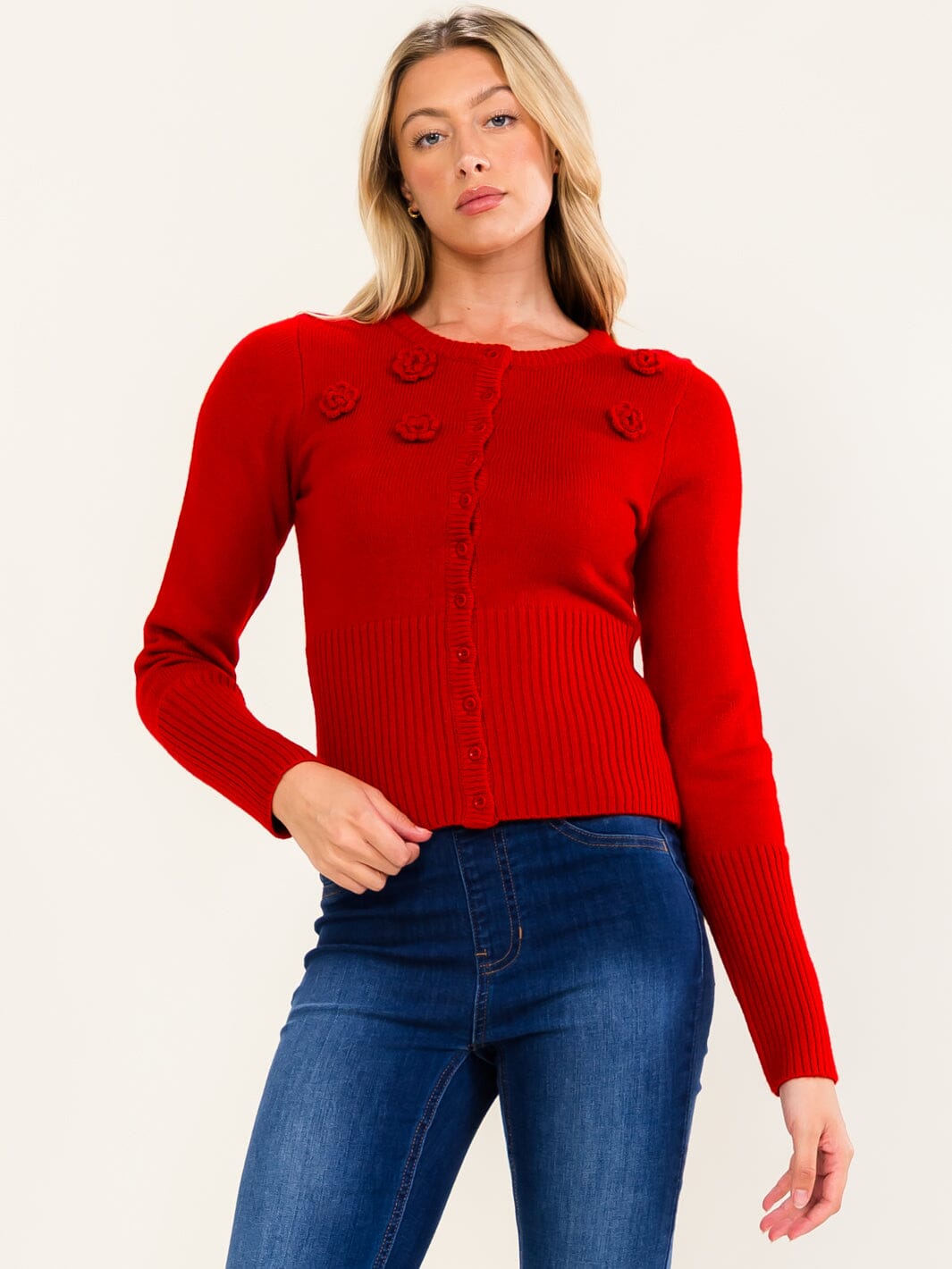 WOMEN'S LONG SLEEVE BUTTON UP CROCHET FLOWER SWEATER