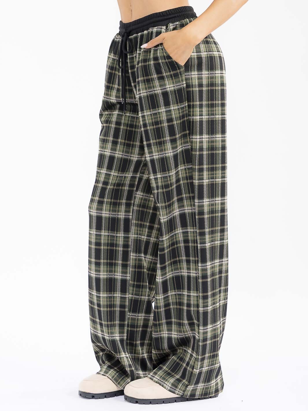 WOMEN'S ELASTIC WAIST SELF TIE POCKETS WIDE LEG PLAID PANTS