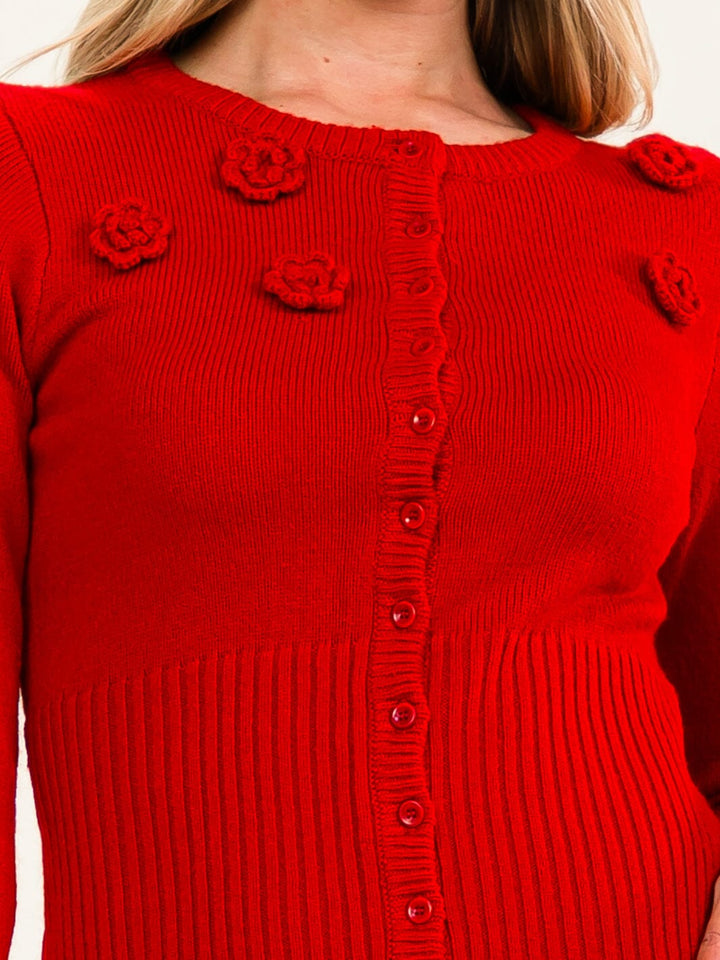 WOMEN'S LONG SLEEVE BUTTON UP CROCHET FLOWER SWEATER