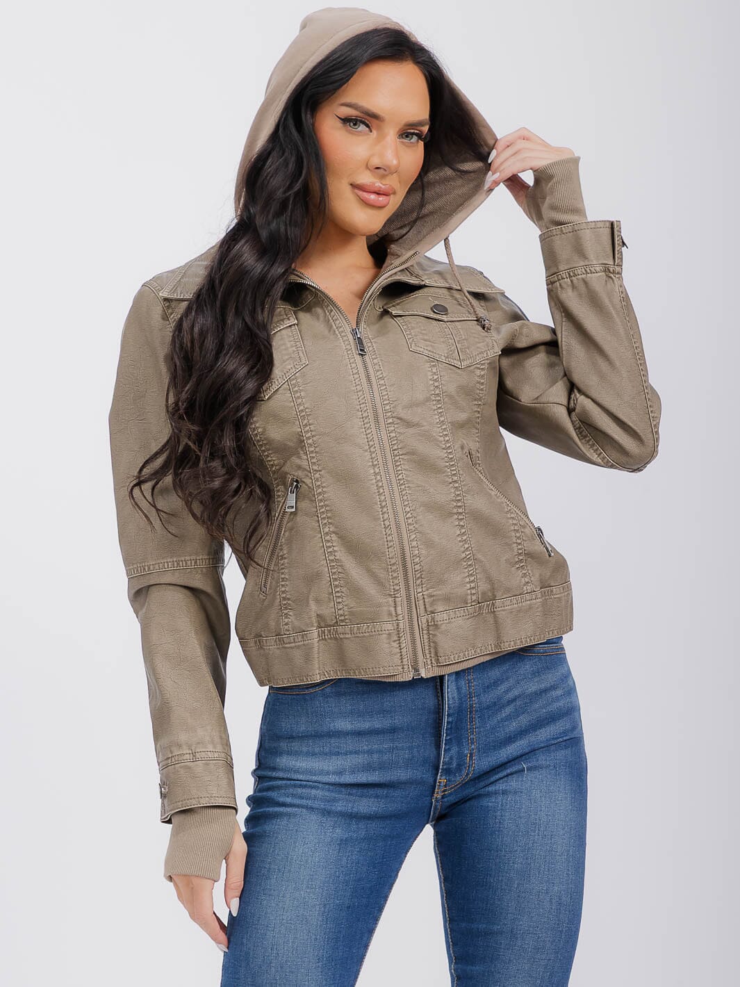 WOMEN'S LONG SLEEVE REMOVABLE HOODIE ZIPPER CLOSURE FRONT POCKETS PU PLEATHER JACKET