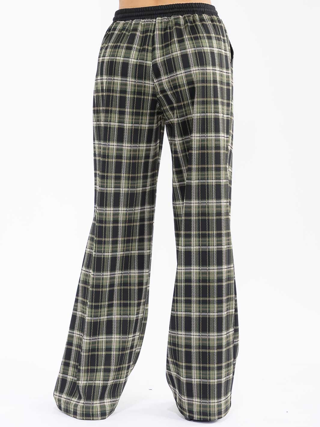 WOMEN'S ELASTIC WAIST SELF TIE POCKETS WIDE LEG PLAID PANTS