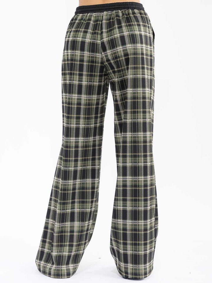 WOMEN'S ELASTIC WAIST SELF TIE POCKETS WIDE LEG PLAID PANTS
