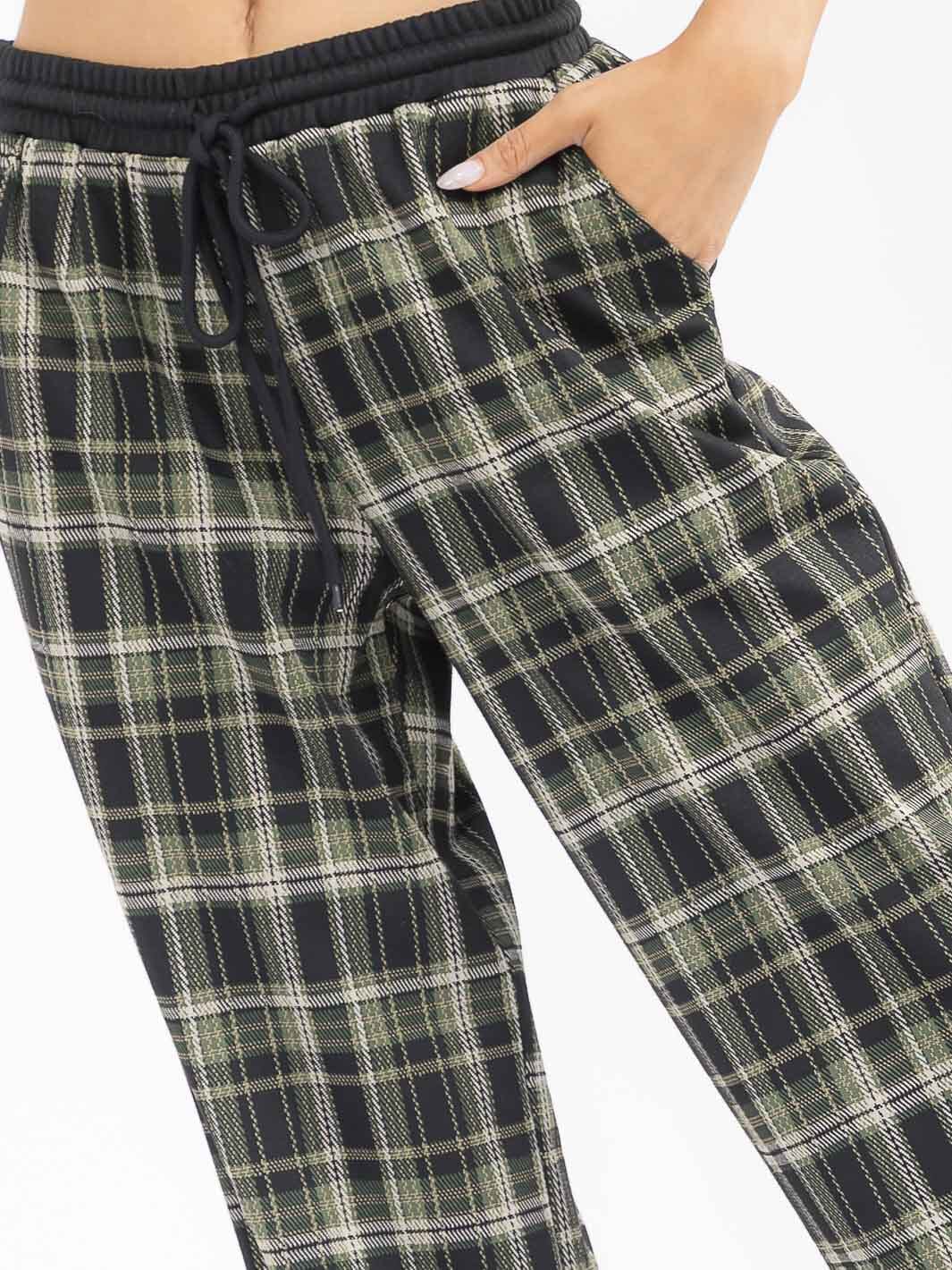 WOMEN'S ELASTIC WAIST SELF TIE POCKETS WIDE LEG PLAID PANTS