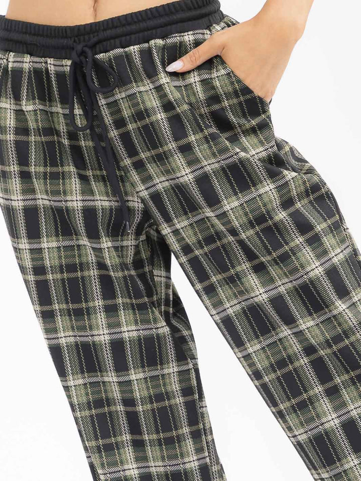 WOMEN'S ELASTIC WAIST SELF TIE POCKETS WIDE LEG PLAID PANTS