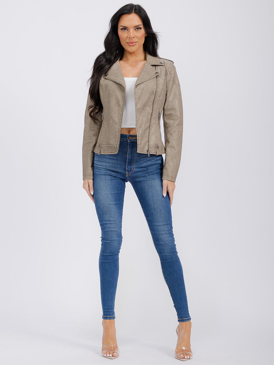 WOMEN'S LONG SLEEVE ZIPPER CLOSURE FRONT POCKETS PU PLEATHER JACKET