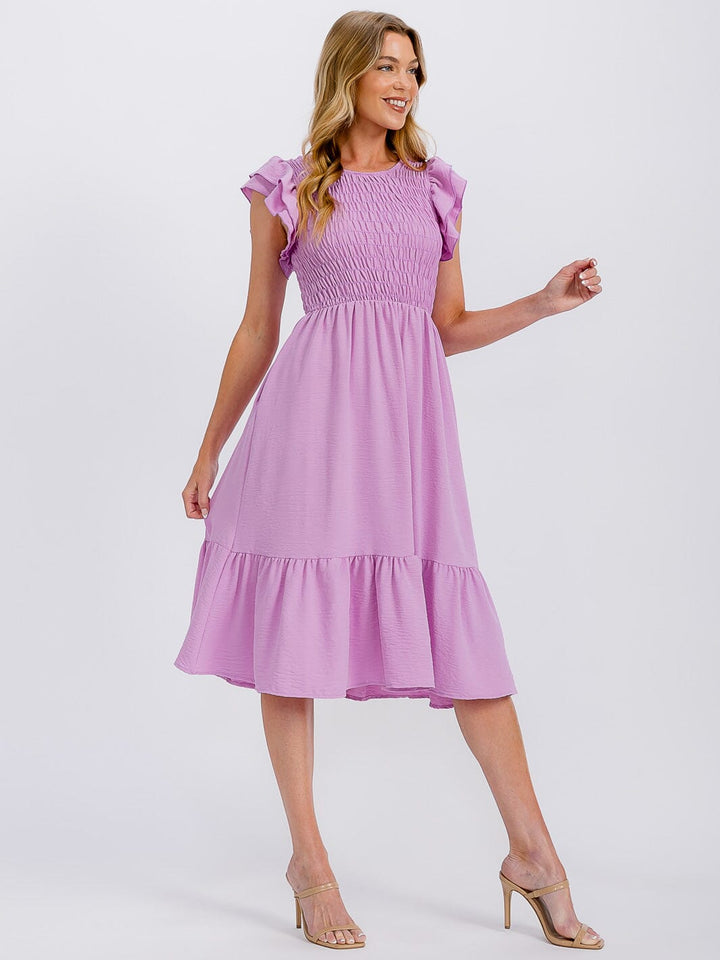 WOMEN'S RUFFLE SLEEVE FRONT POCKETS SMOCK RUFFLE BOTTOM HEM MIDI DRESS