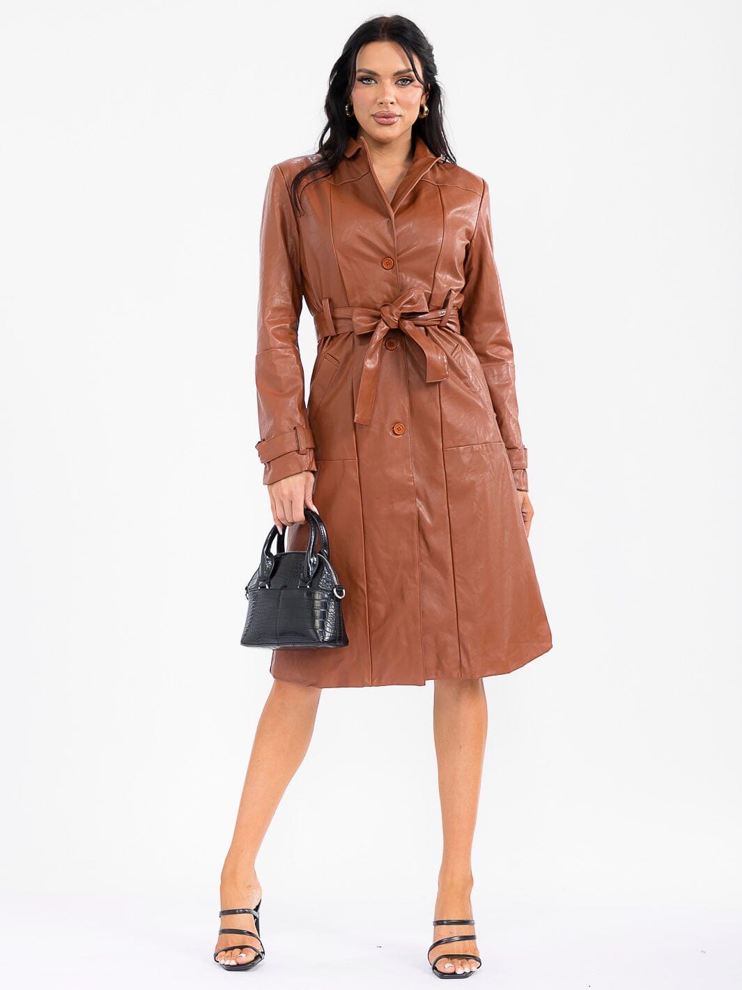 WOMEN'S LONG SLEEVE BUTTON UP POCKETS PU PLEATHER MINI DRESS