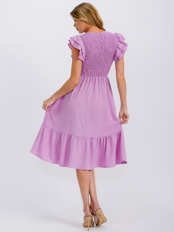 WOMEN'S RUFFLE SLEEVE FRONT POCKETS SMOCK RUFFLE BOTTOM HEM MIDI DRESS