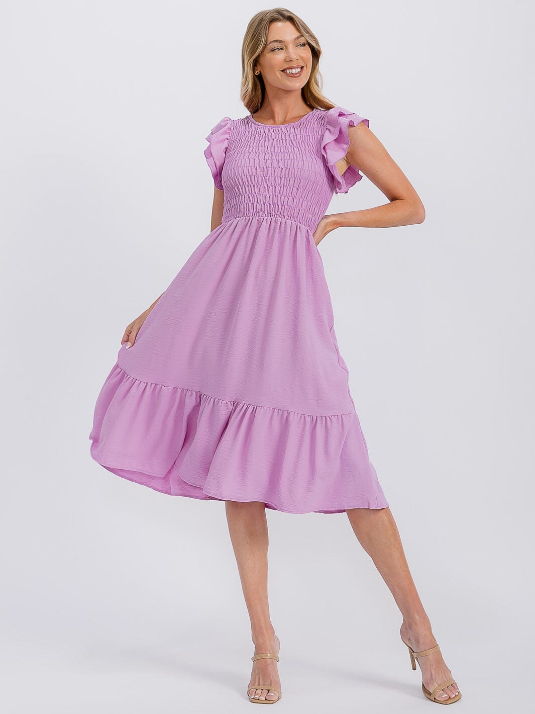 WOMEN'S RUFFLE SLEEVE FRONT POCKETS SMOCK RUFFLE BOTTOM HEM MIDI DRESS